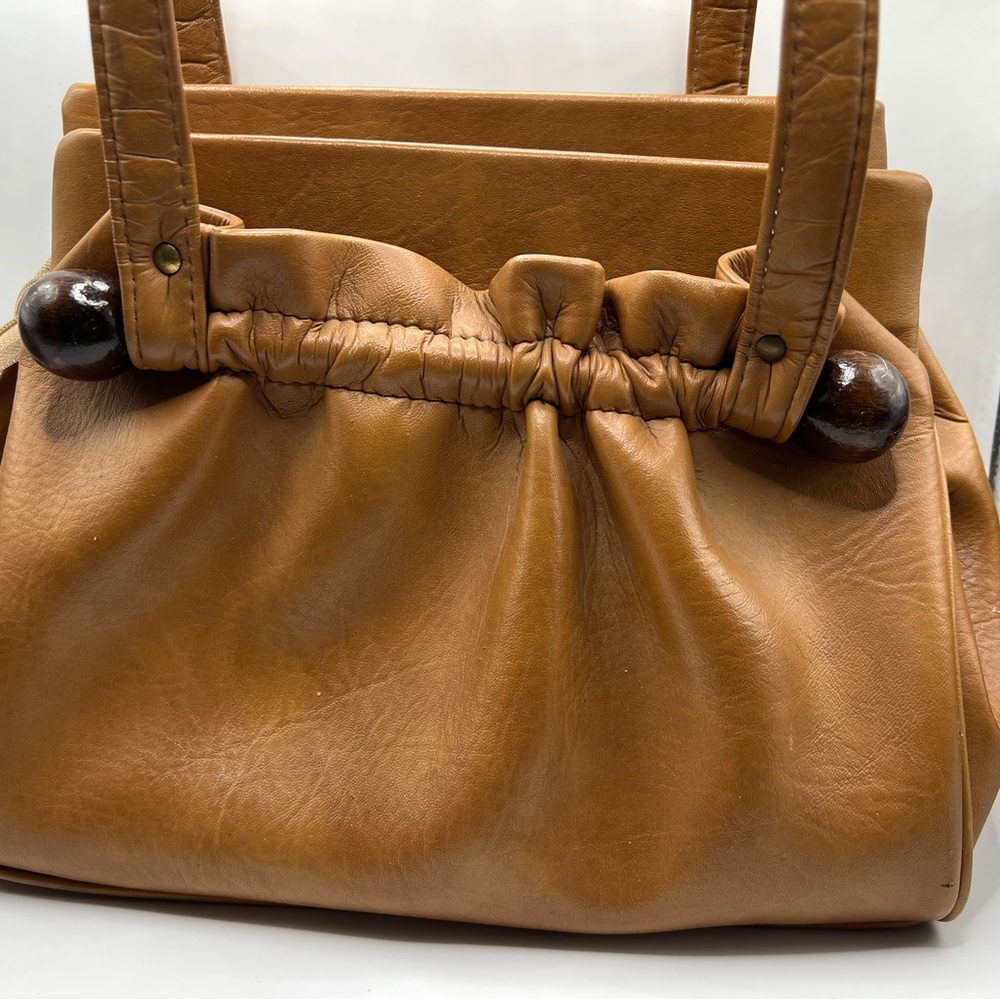 Vintage Tan Leather Tote Purse – Double Compartment, OPT Zippers, Wood Detail